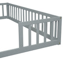 Double Twin Floor Bed with Fence, Guardrails, without door, Grey