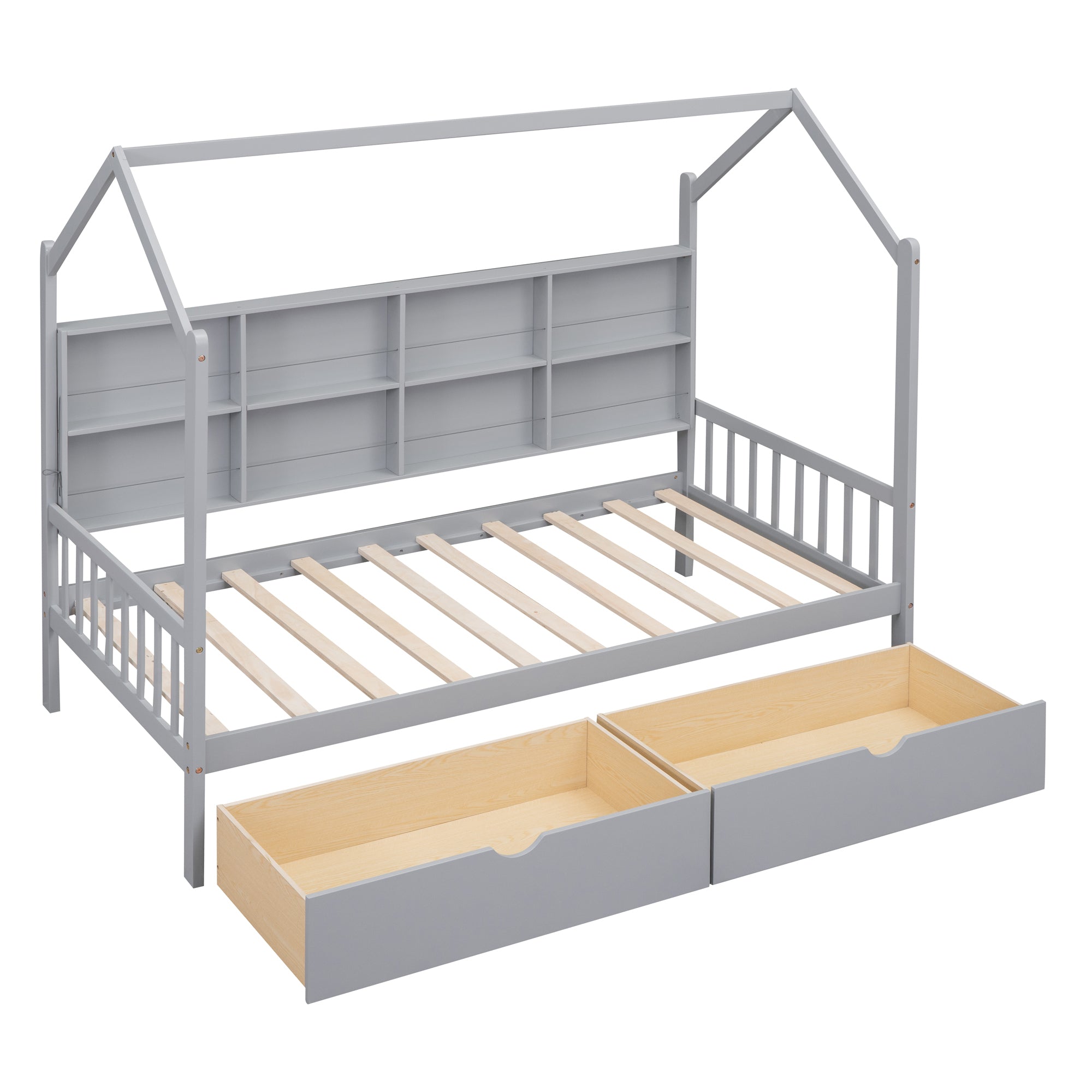 Wooden Twin Size House Bed with 2 Drawers,Kids Bed with Storage Shelf, Gray - Atlantic Fine Furniture Melbourne FL