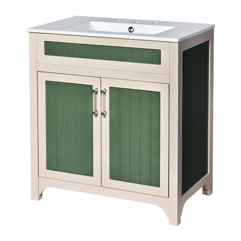 Bathroom Vanity Cabinet With Ceramic Sink Combo Set, Frame Modern Bathroom Storage Cabinet With Height Adjustable Shelf - Beige / Green