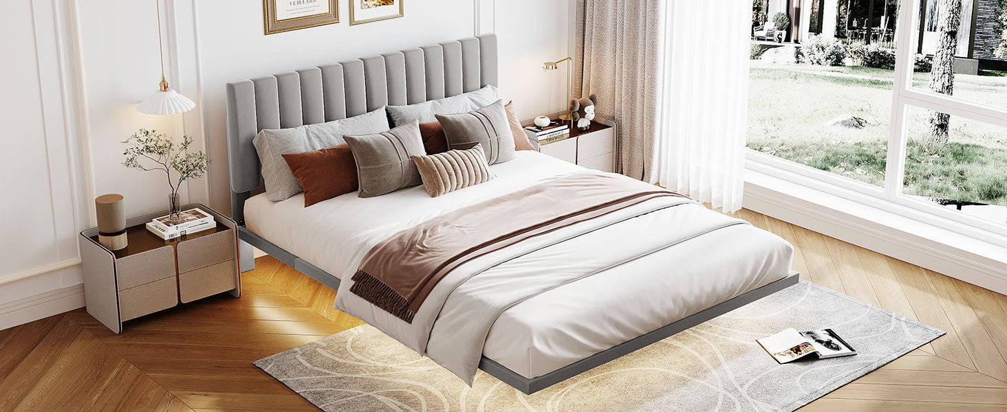 Queen Size Upholstered Bed with Sensor Light and Headboard, Floating Velvet Platform Bed, Gray - Atlantic Fine Furniture Melbourne FL