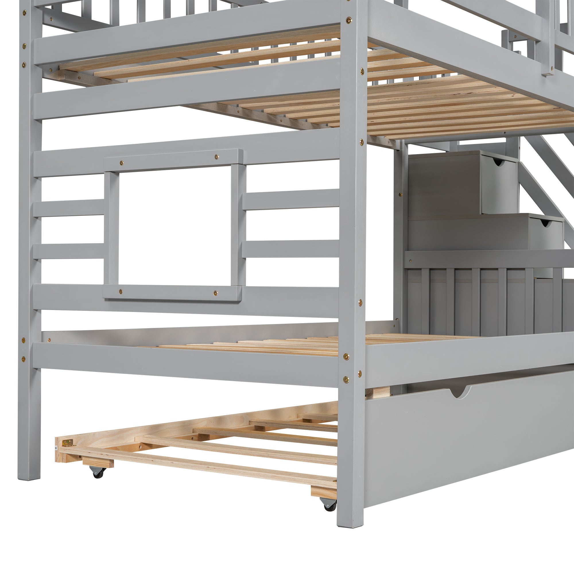 Twin over Twin House Bunk Bed with Trundle and Slide, Storage Staircase, Roof and Window Design, Gray(Old SKU: GX000931AAE) - Atlantic Fine Furniture Melbourne FL