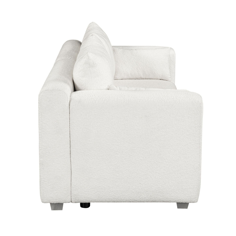 Modern Loop Yarn Sofa, One Piece Seat Frame, Minimalist 2-3 Seat Couch Easy To Install, Loveseats With Extra Wide Domed Arms For Living Room (2 Pillows) - White