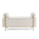 Elegant Upholstered Linen Storage Bench With Cylindrical Arms And Iron Legs, White