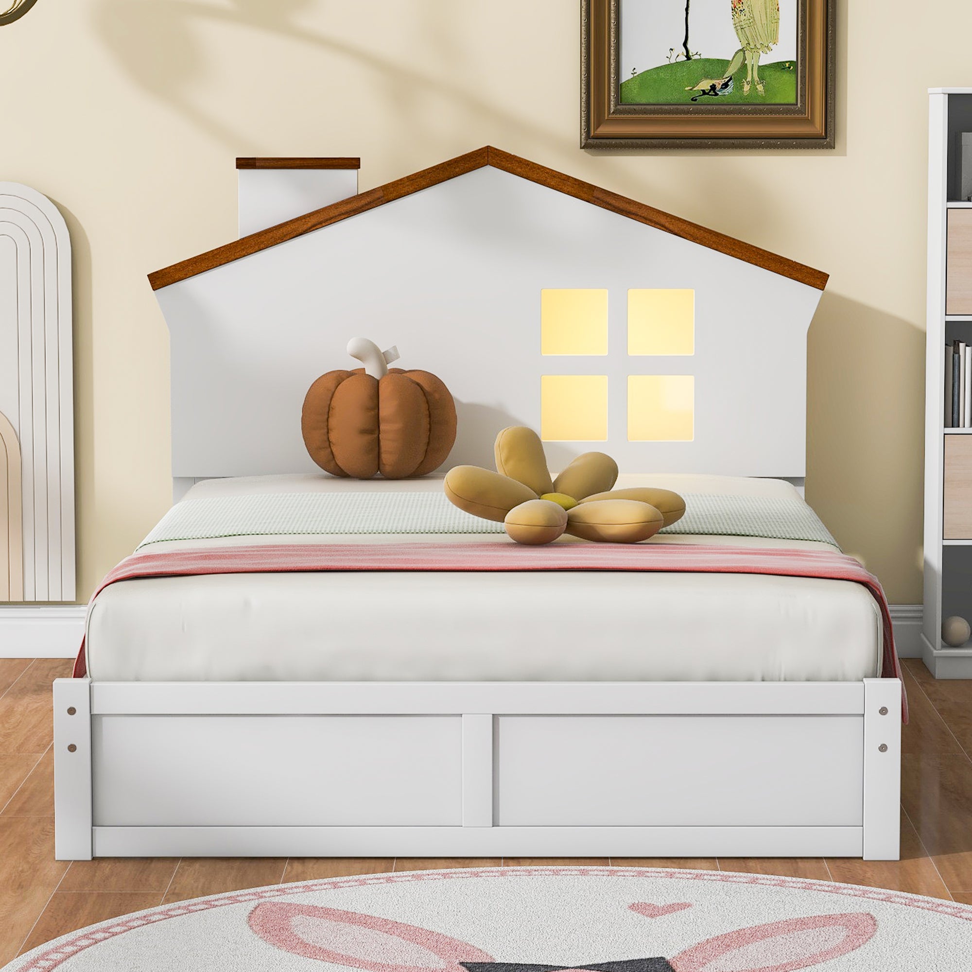 Twin Size Wood Platform Bed with House-shaped Headboard and Built-in LED, Walnut+White - Atlantic Fine Furniture Melbourne FL