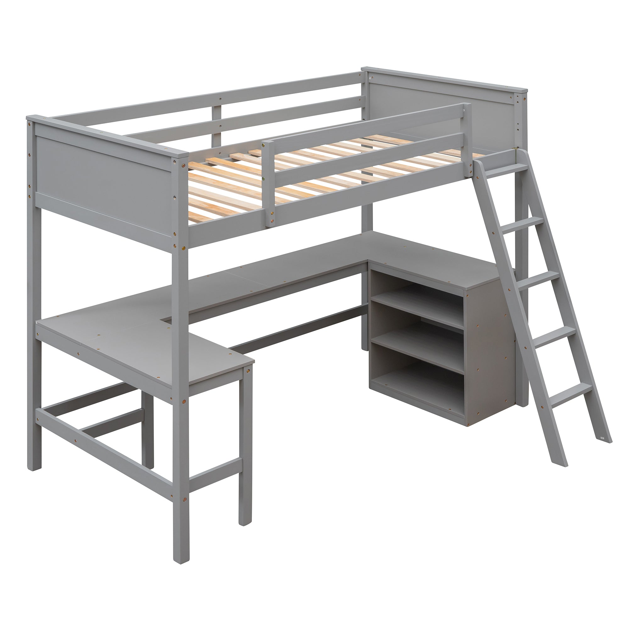 Twin size Loft Bed with Shelves and Desk, Wooden Loft Bed with Desk - Gray(OLD SKU:LT000537AAE) - Atlantic Fine Furniture Melbourne FL