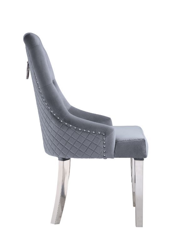 Satinka - Side Chair (Set of 2) - Gray Fabric & Mirrored Silver Finish - Atlantic Fine Furniture Inc