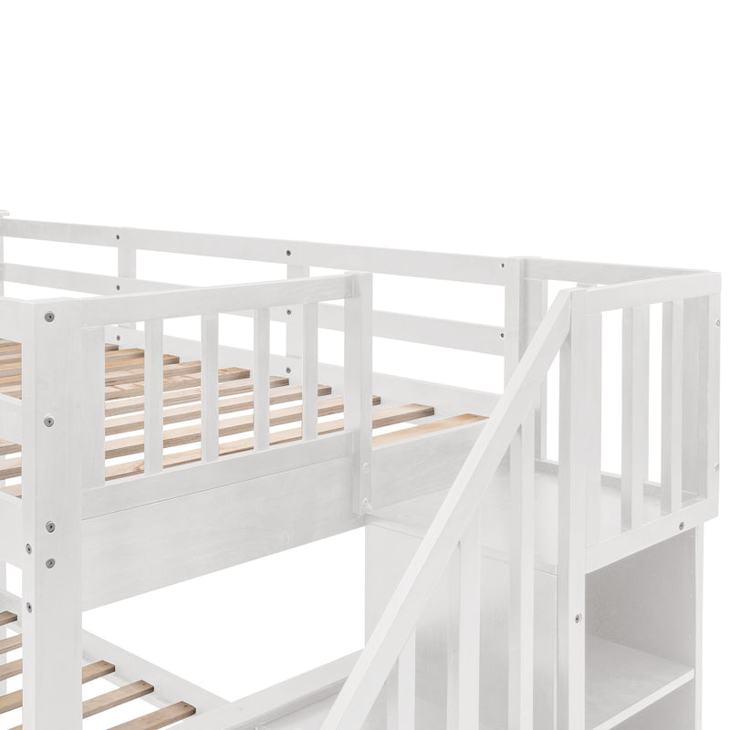 Twin Over Full Stairway Bunk Bed With Drawer, Storage And Guard Rail For Bedroom, Dorm, For Adults