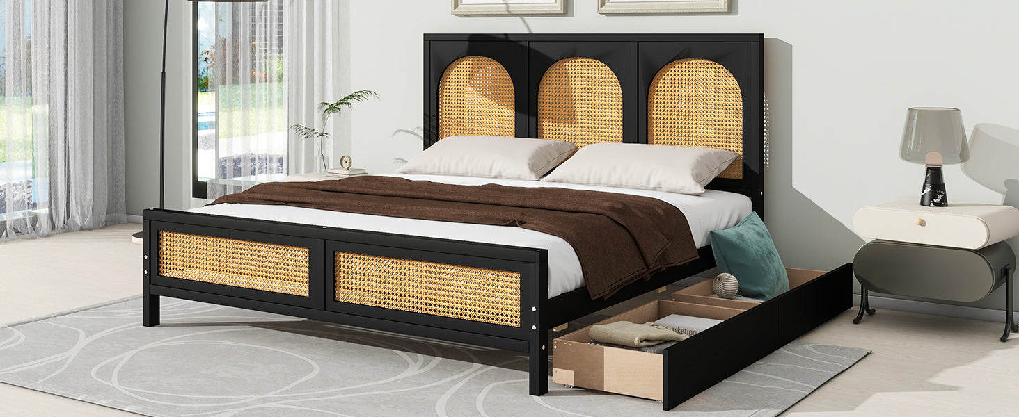 Queen Size Wood Storage Platform Bed with 2 Drawers, Rattan Headboard and Footboard, Black - Atlantic Fine Furniture Melbourne FL