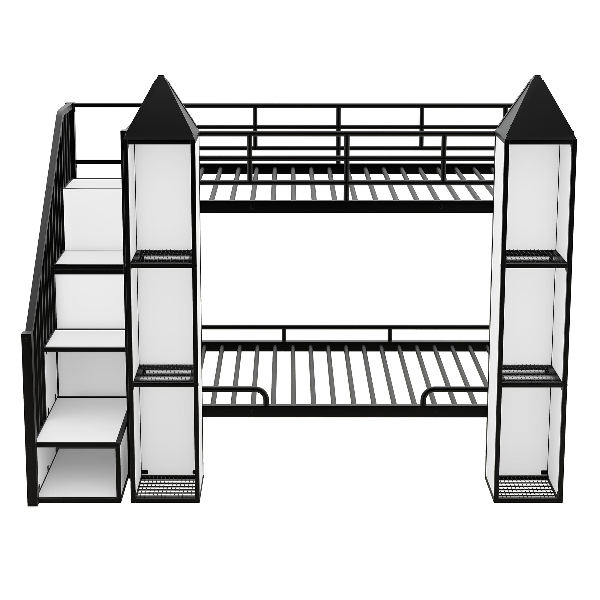 Metal Twin over Twin Castle-shaped Bunk Bed with Wardrobe and Multiple Storage, Black+White - Atlantic Fine Furniture Melbourne FL