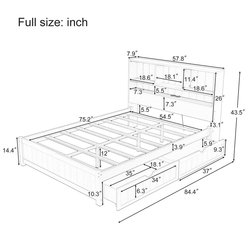 Platform Bed With Bookcase Headboard, Built-In Downlight, Charging Station, And 2 Side Drawers