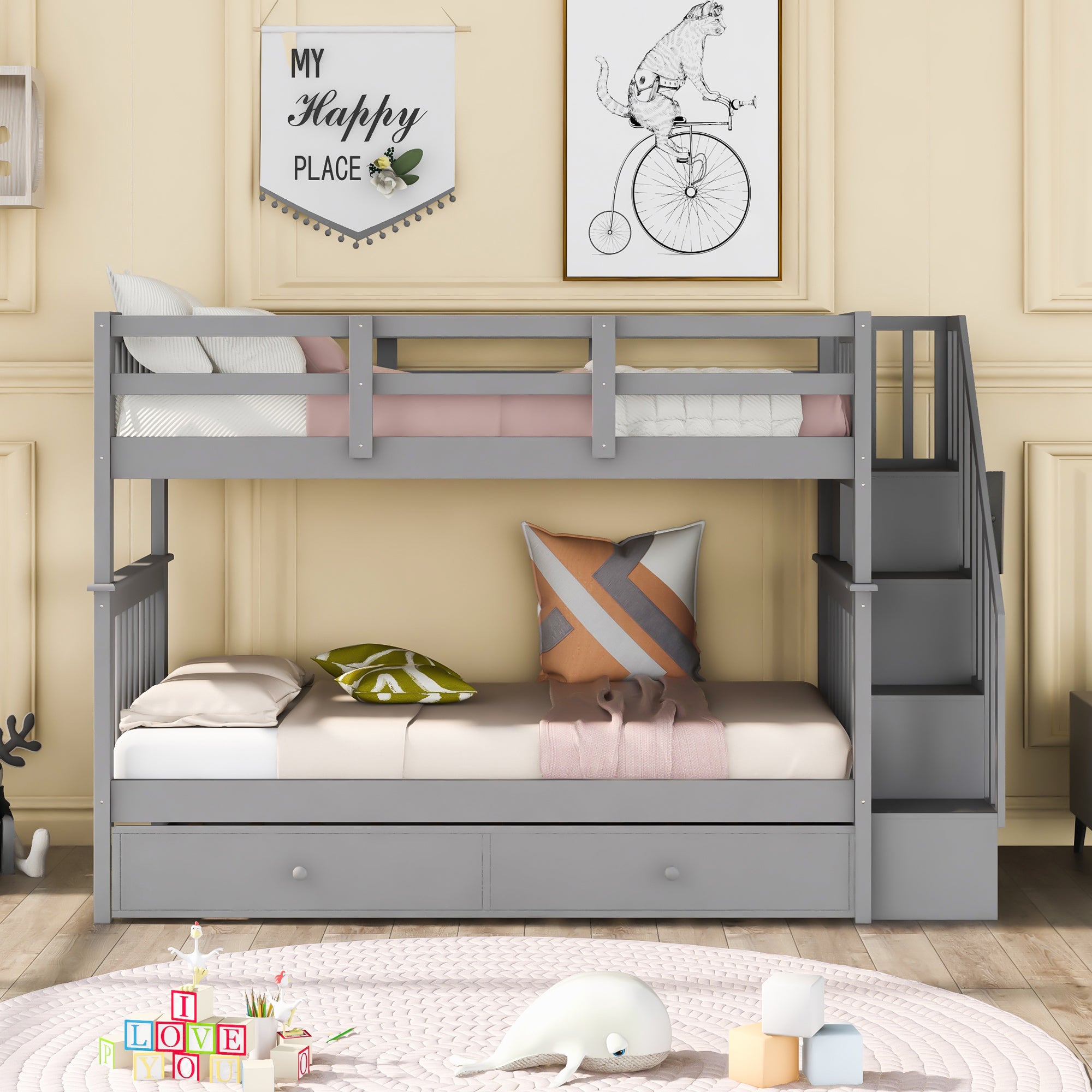 Stairway Twin-Over-Twin Bunk Bed with Twin size Trundle for Bedroom, Dorm, Adults, Gray( old sku: LP000209AAE ) - Atlantic Fine Furniture Melbourne FL