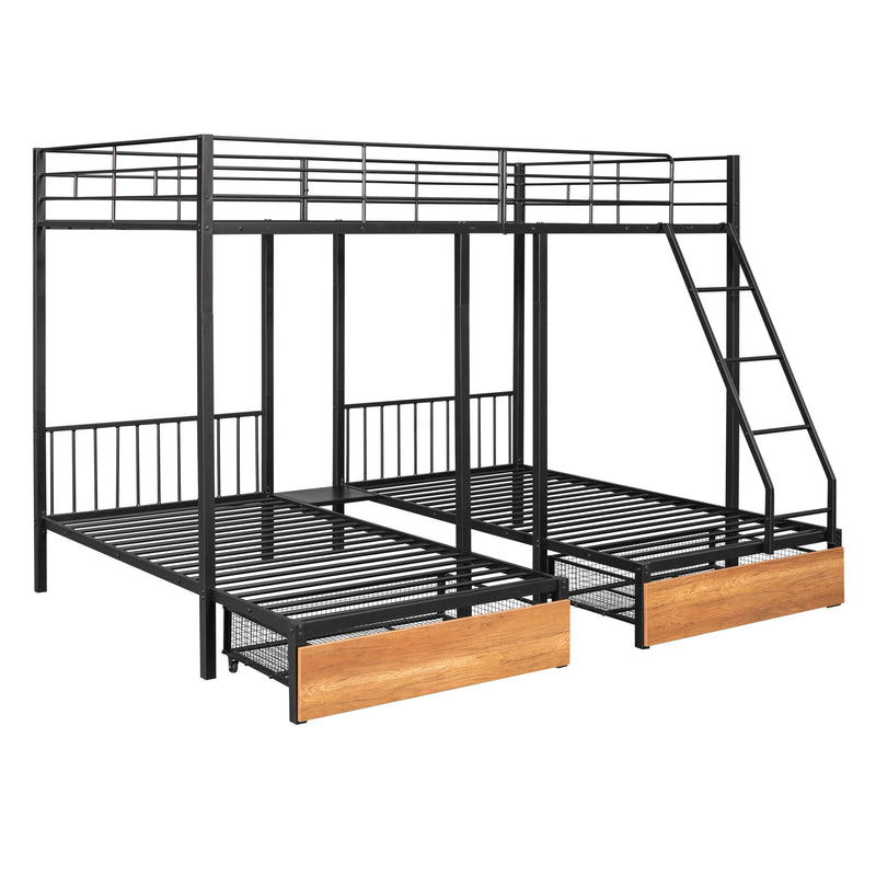 Bunk Bed, Metal Triple Bunk Bed With Drawers And Guardrails