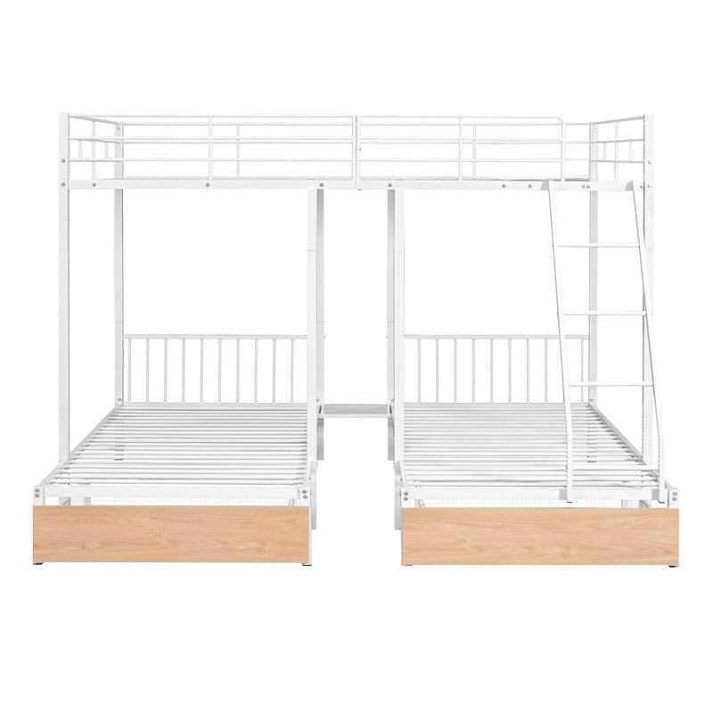 Bunk Bed, Metal Triple Bunk Bed With Drawers And Guardrails