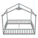 Double Twin House-Style Floor Bed with Fence, Guardrails, without door, Grey