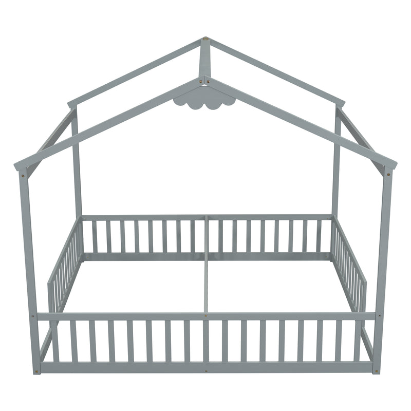 Double Twin House-Style Floor Bed with Fence, Guardrails, without door, Grey