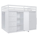 Full Size Wood Loft Bed With Built-in Wardrobes, Cabinets and Drawers, White