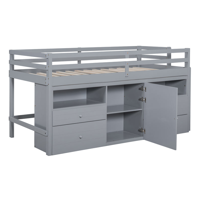 Twin Size Loft Bed with 4 Drawers, Underneath Cabinet and Shelves, Gray