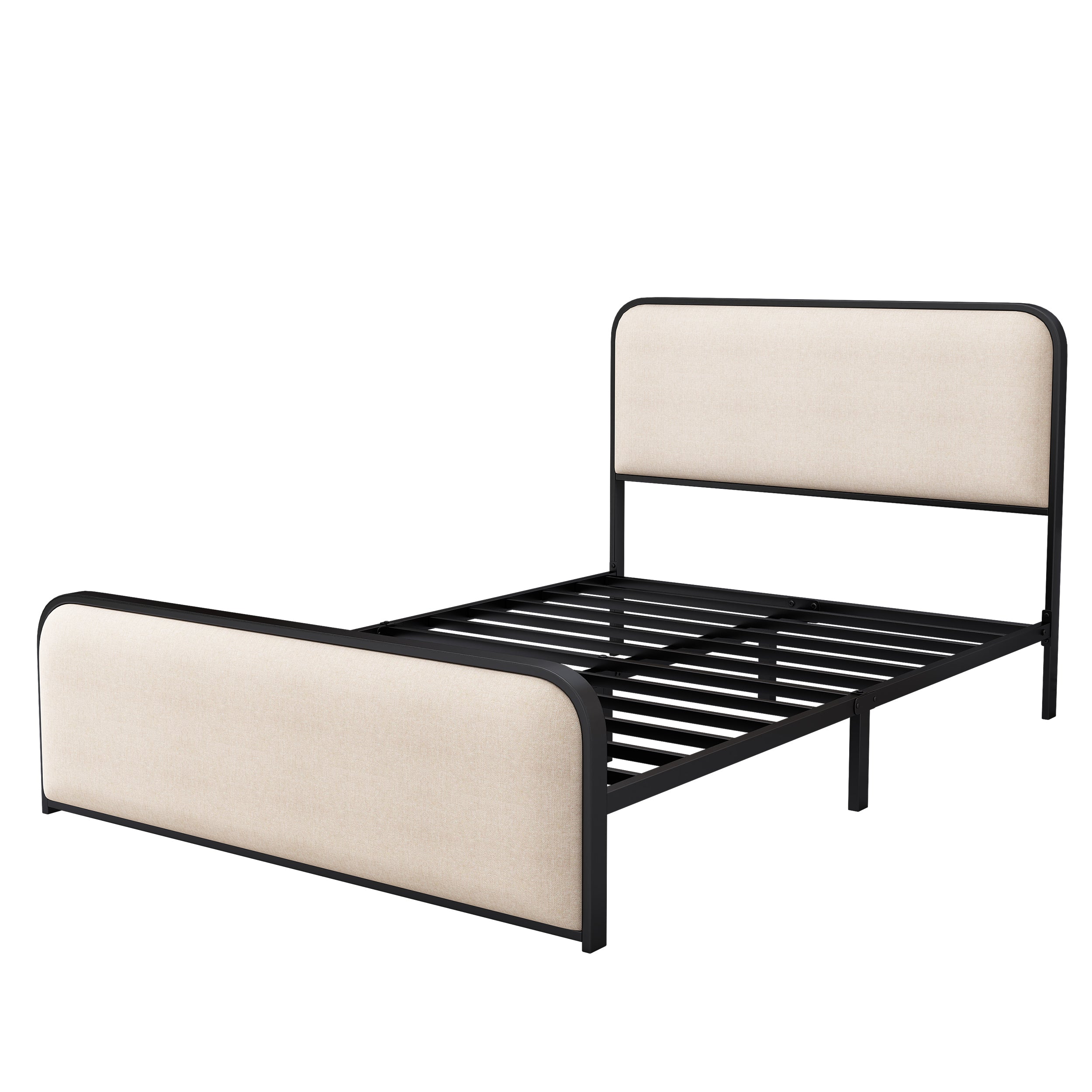 Modern Metal Bed Frame with Curved Upholstered Headboard and Footboard Bed with Under Bed Storage, Heavy Duty Metal Slats, Full Size, Beige - Atlantic Fine Furniture Melbourne FL