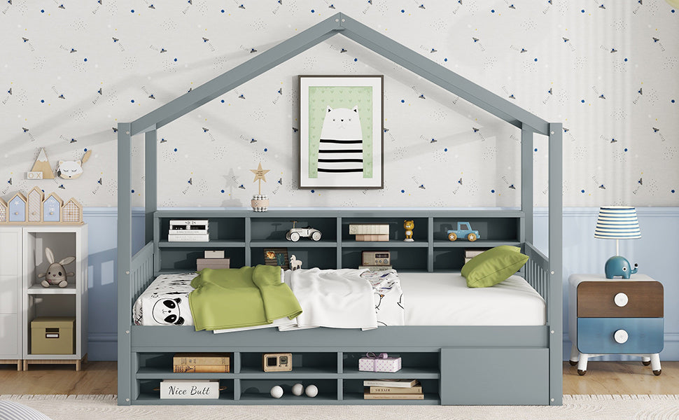 Twin Size Wooden House Bed with Shelves and a Mini-cabinet, Gray - Atlantic Fine Furniture Melbourne FL