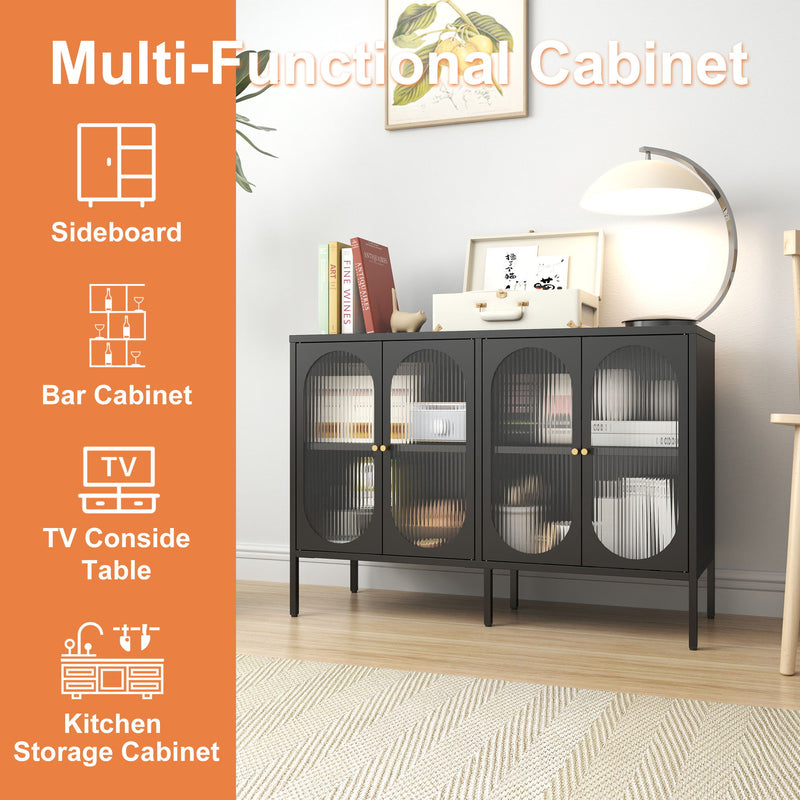 Modern Metal Sideboard Cabinet With 4 Glass Doors, Steel Kitchen Storage And Coffee Bar Cabinet - Black