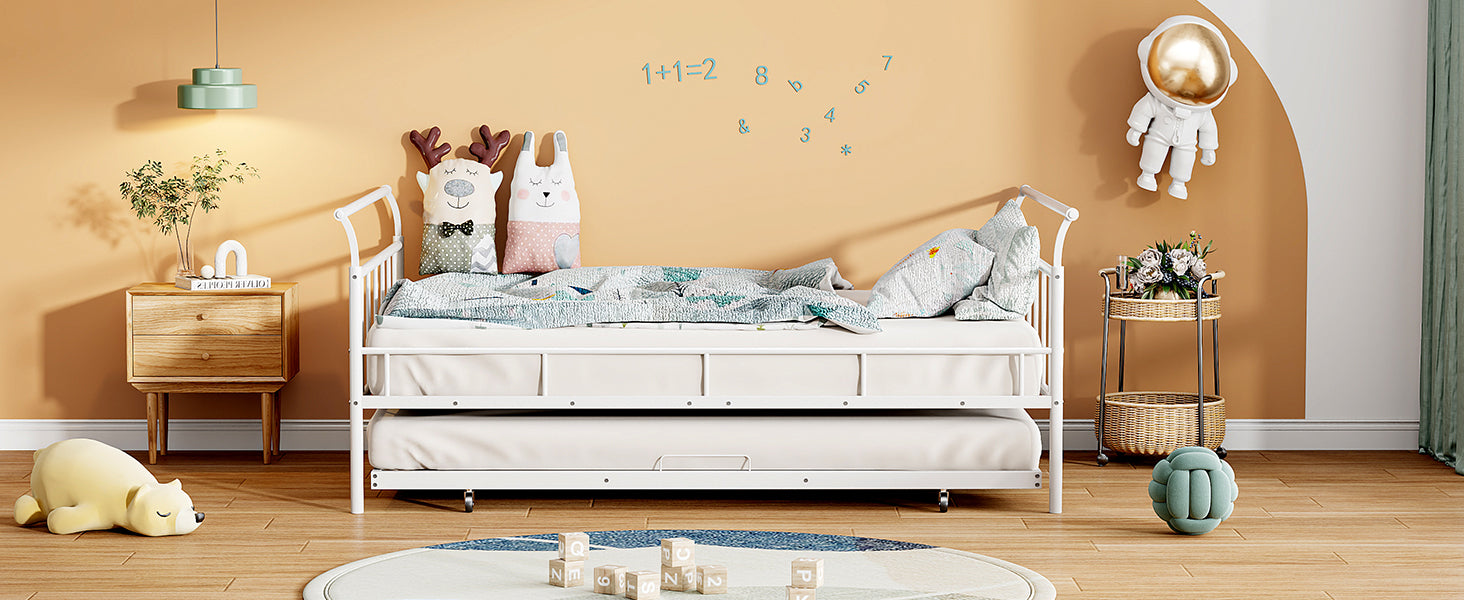 Full Size Metal Daybed with Curved Handle Design and Twin Size Trundle, White - Atlantic Fine Furniture Melbourne FL
