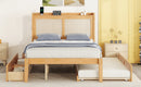 Full Size Elegant Bed Frame with Rattan Headboard and Sockets ,Walnut