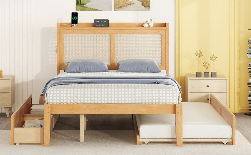 Full Size Elegant Bed Frame with Rattan Headboard and Sockets ,Walnut