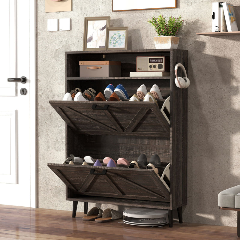Farmhouse Shoe Storage Cabinet With Barn Door Design, 2 Flip Drawers, Hooks - Dark Oak