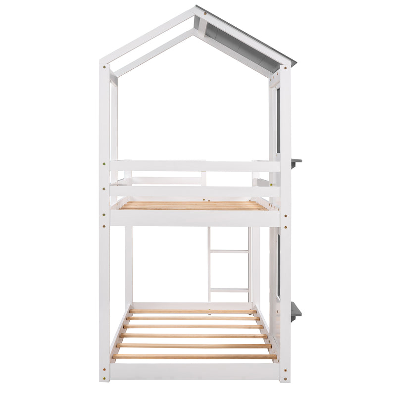 Twin Over Twin Bunk Bed Wood Bed with Roof, Window, Guardrail, Ladder (White)(OLD SKU :LP000056AAK)