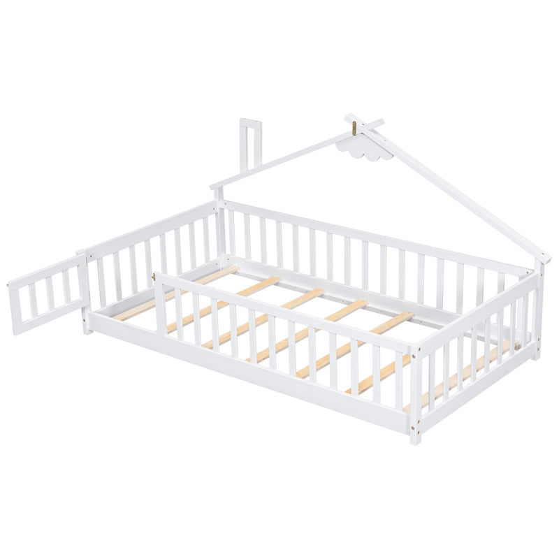 Twin House-Shaped Bedside Floor Bed with Guardrails, Slats, with Door,White