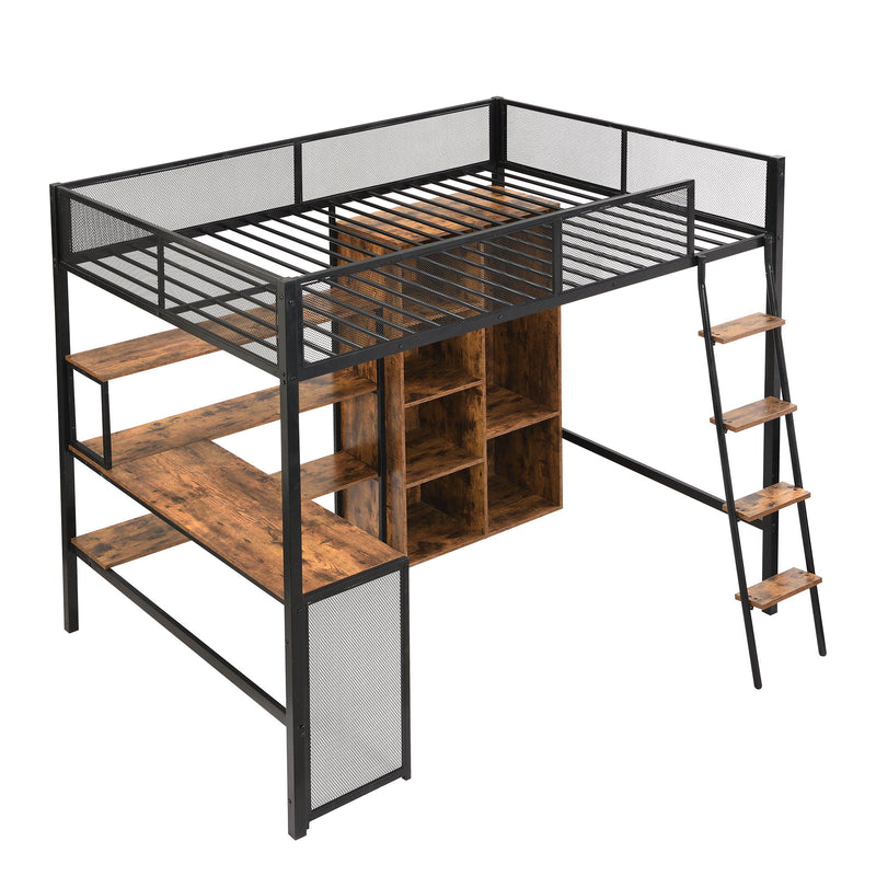 Full Size Loft Bed With Built In Desk, Wardrobe, And Shelves - Black