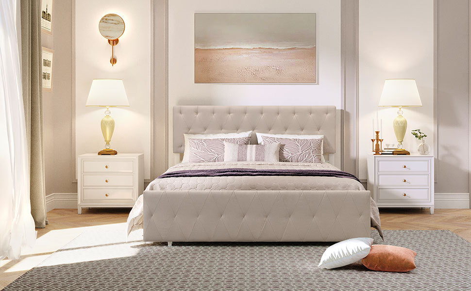 Queen Size Storage Bed Metal Platform Bed with a Big Drawer - Beige