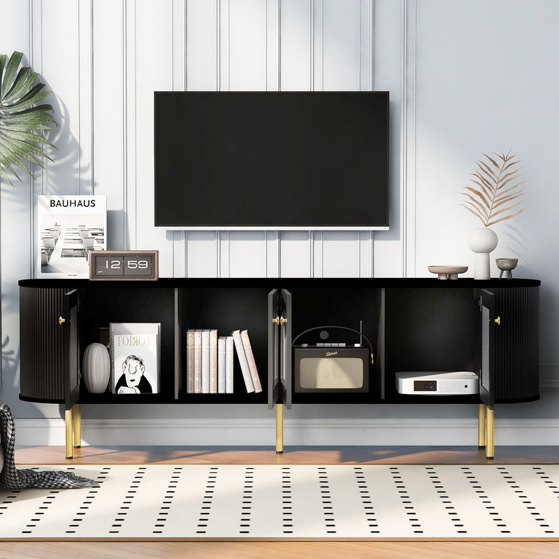 Modern TV Stand For TVs Up To 80", Entertainment Center With 4 Cabinets, Wood Media Console With Metal Legs And Handles For Living Room