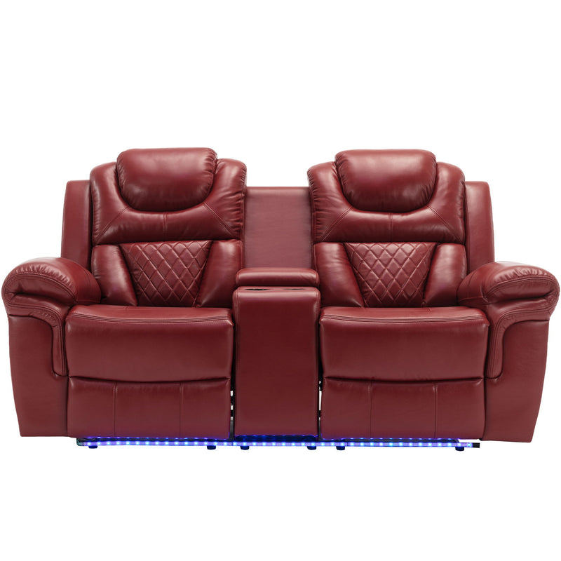 Home Theater Seating Manual Recliner Chair With Center Console And LED Light Strip For Living Room - Red