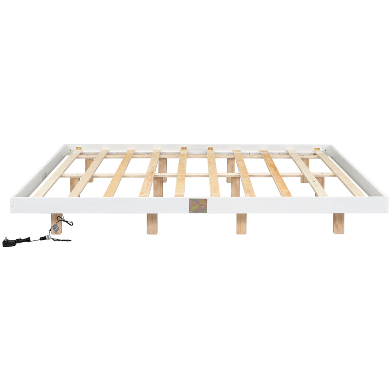 King Size Floating Bed with LED Lights Underneath,Modern King Size Low Profile Platform Bed with LED Lights,White