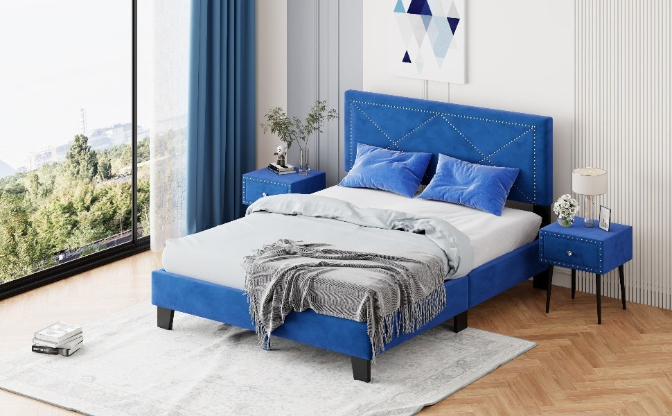 Simple Queen Size Upholstered Bed Frame with Rivet Design, Modern Velvet Platform Bed with headboard, Blue - Atlantic Fine Furniture Melbourne FL