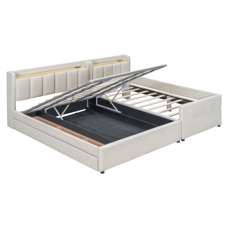Queen Size & Twin XL Size Upholstered Platform Bed, Mother & Child Bed with Hydraulic Storage System, Drawer Box, Bedhead storage shelf and Two pairs of sockets & USB Ports, PU Leather, Beige