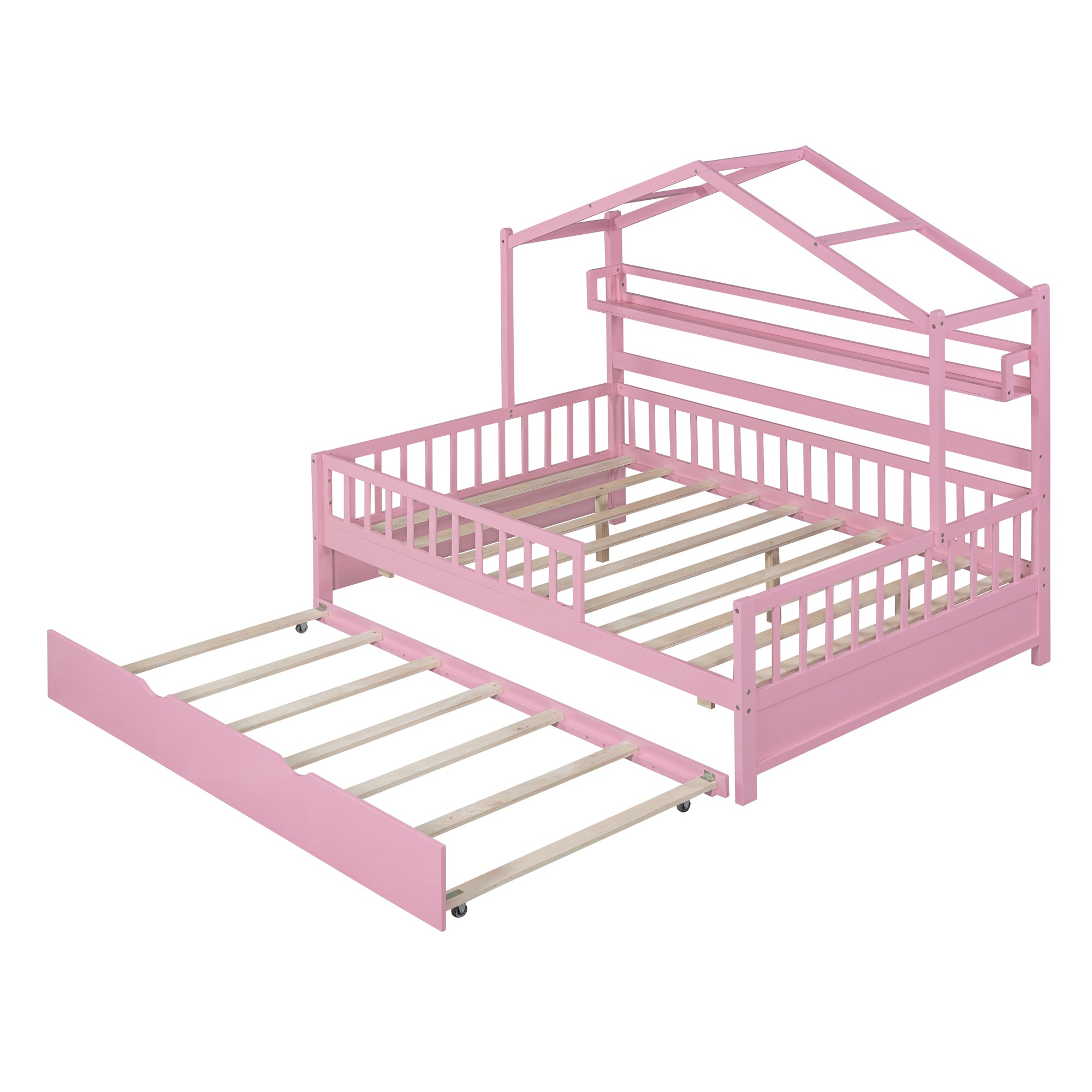 Wooden Full Size House Bed with Twin Size Trundle,Kids Bed with Shelf, Pink - Atlantic Fine Furniture Melbourne FL