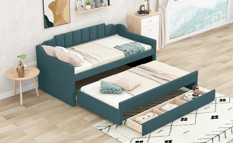 Twin Size Upholstered Daybed with Trundle and Three Drawers,Green