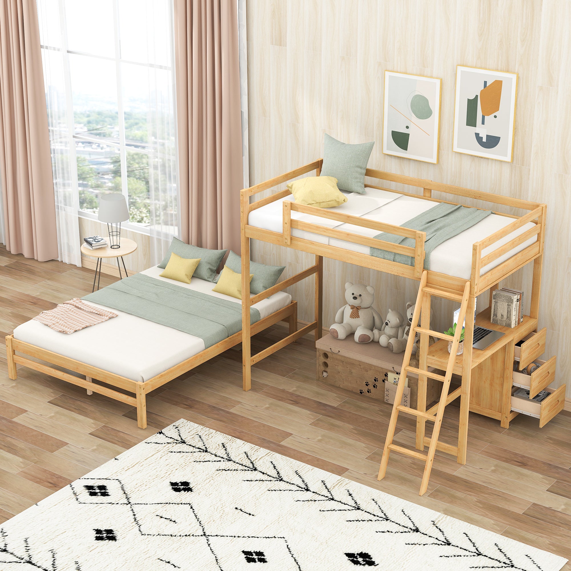 Twin over Full Bunk Bed with Built-in Desk and Three Drawers,Natural - Atlantic Fine Furniture Melbourne FL