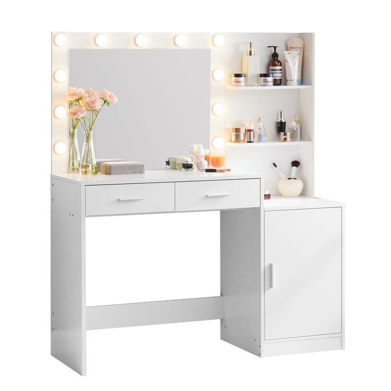 Vanity Desk With Mirror And Lights, 46.4In Dressing Table With 2 Large Drawer & Large Vertical Organizer, 3 Level Dresser & 3 Lighting Modes Adjustable Brightness, Suitable For Bedroom