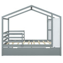 Full Size Wood House Bed with Fence and Writing Board, Gray