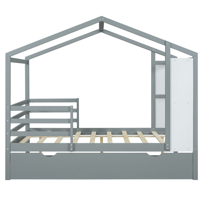 Full Size Wood House Bed with Fence and Writing Board, Gray