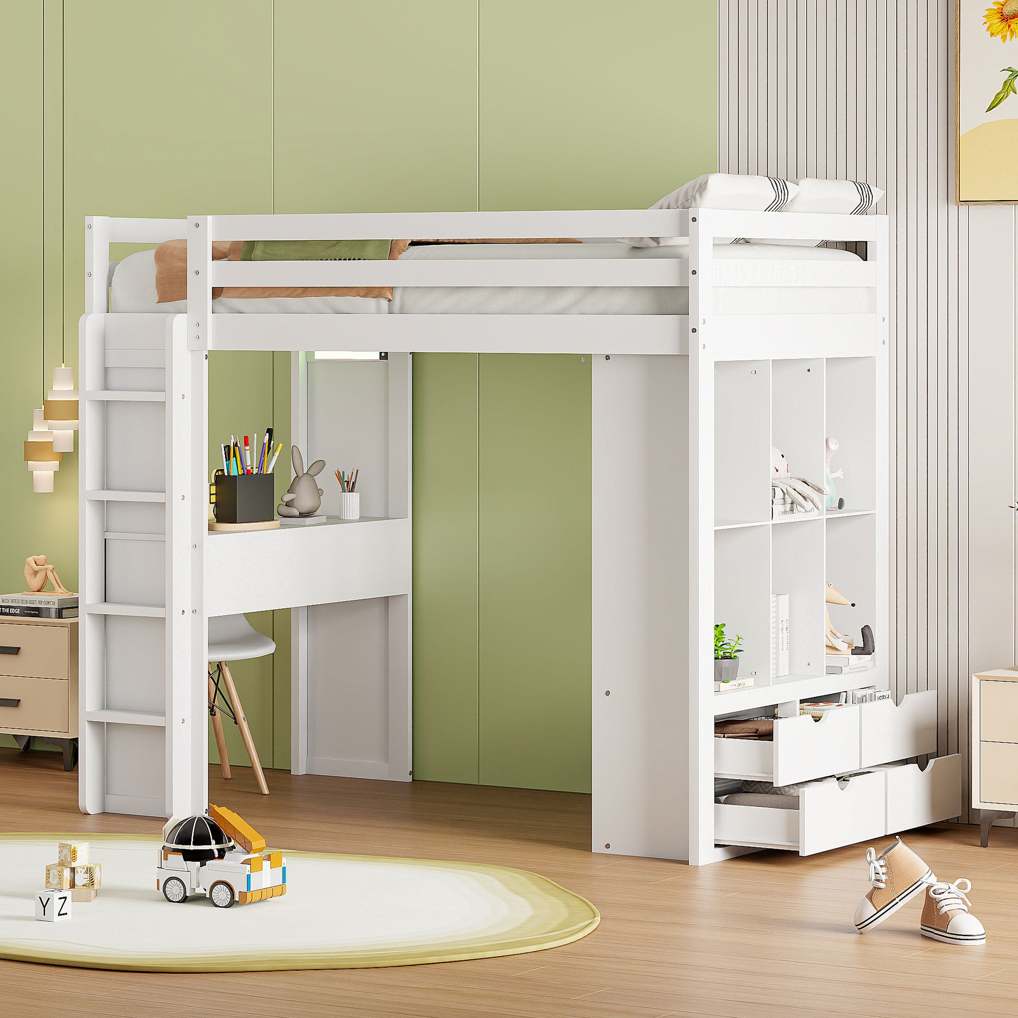 Twin Size Loft Bed with large shelves, writing desk and LED Light, White - Atlantic Fine Furniture Melbourne FL