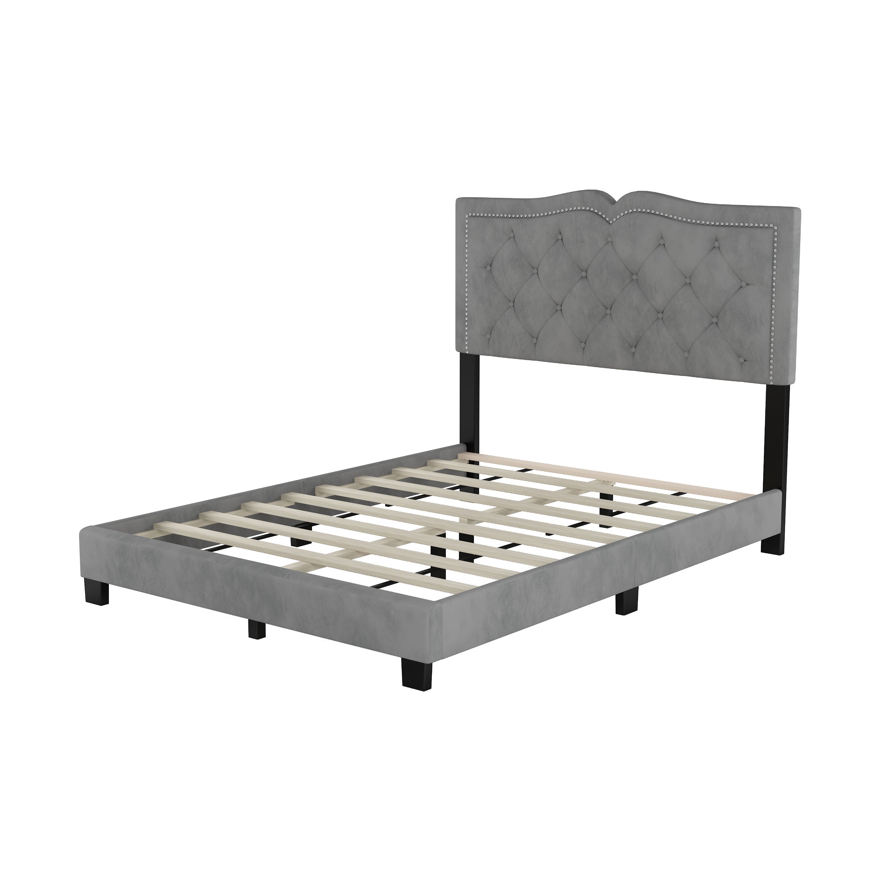Full Size Upholstered Bed Frame with Rivet Design, Modern Velvet Platform Bed with Tufted Headboard,Gray - Atlantic Fine Furniture Melbourne FL