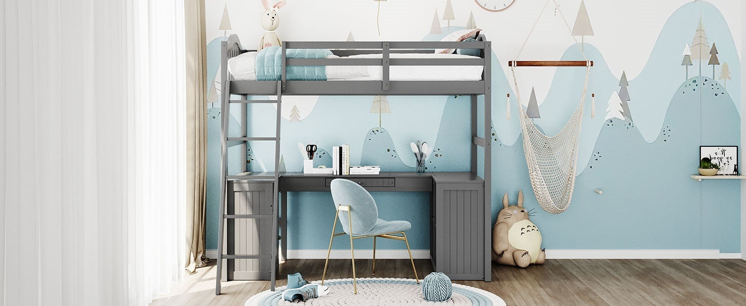 Twin size Loft Bed with Drawers, Cabinet, Shelves and Desk, Wooden Loft Bed with Desk - Gray(OLD SKU :LT000505AAE) - Atlantic Fine Furniture Melbourne FL