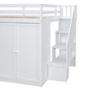 Full Size Wood Loft Bed With Built-in Wardrobes, Cabinets and Drawers, White