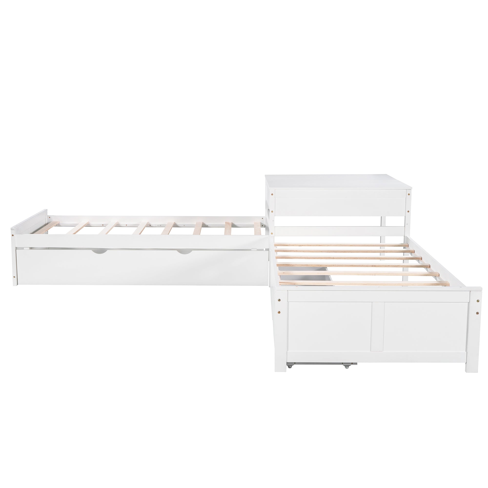 L-shaped Platform Bed with Trundle and Drawers Linked with built-in Desk,Twin,White - Atlantic Fine Furniture Melbourne FL