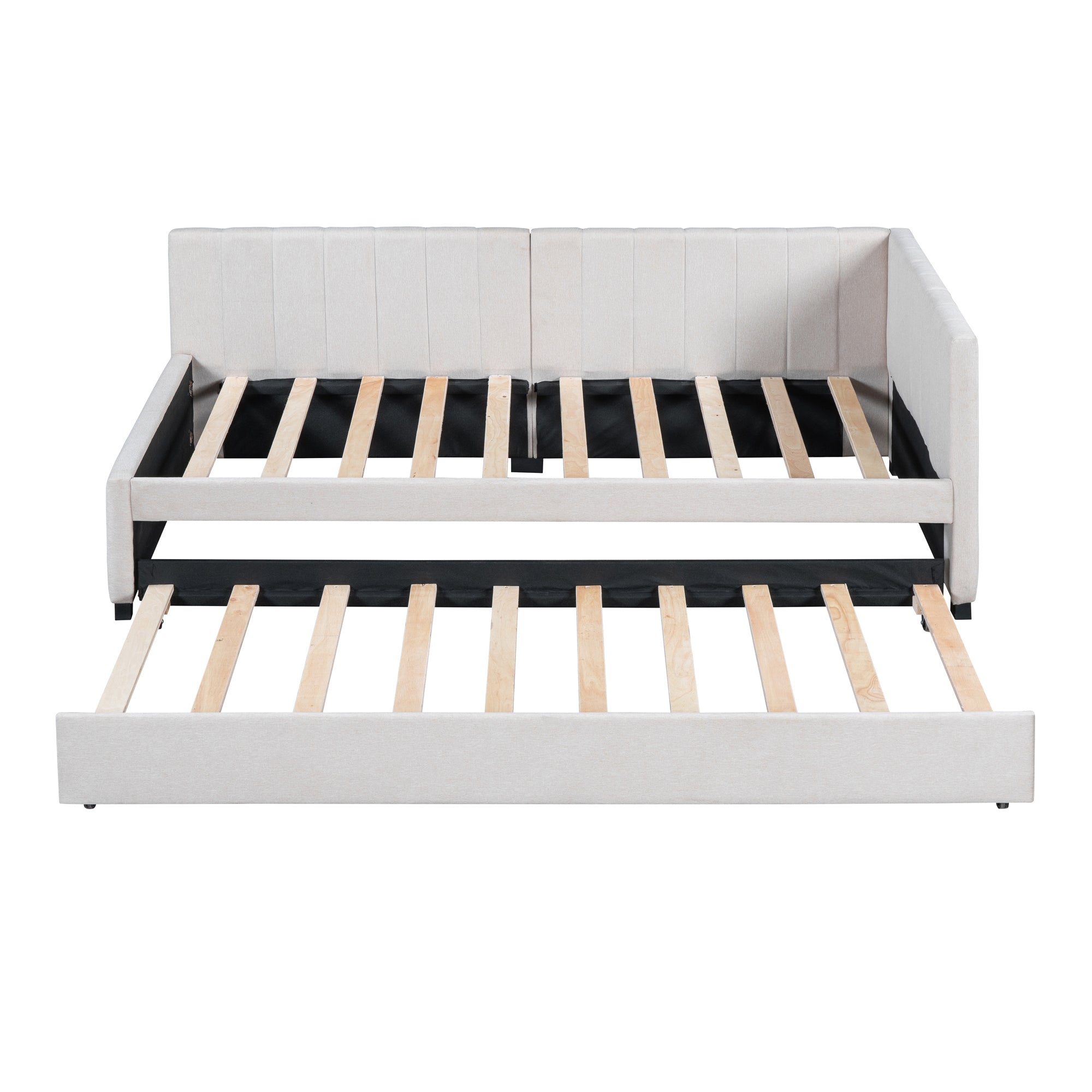 Upholstered Daybed with Trundle Twin Size Sofa Bed Frame No Box Spring Needed, Linen Fabric(Beige) - Atlantic Fine Furniture Melbourne FL