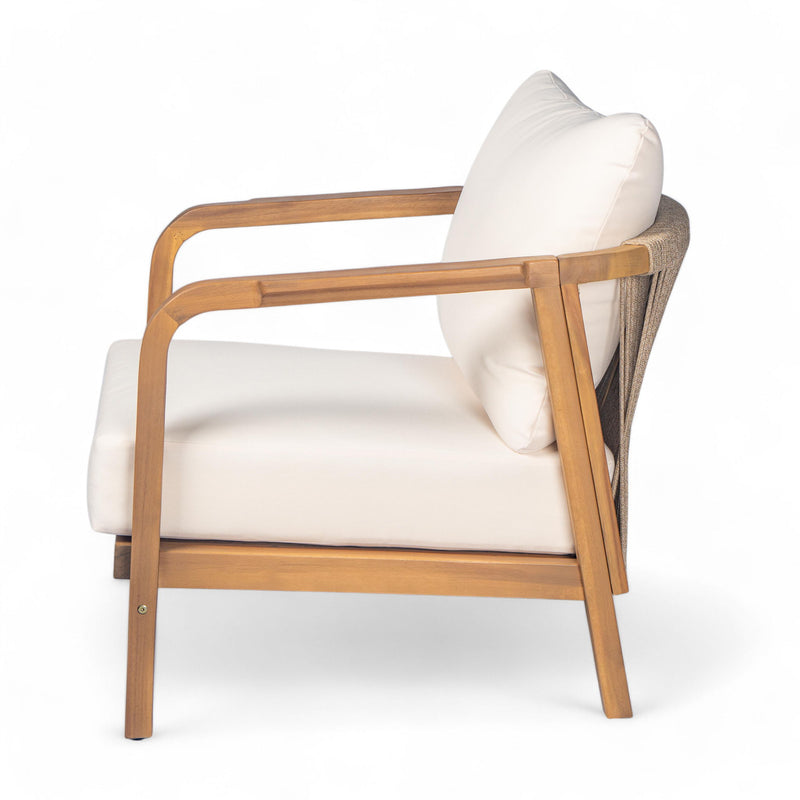 Outdoor Lounge Chair With Woven Backrest, Solid Wood Frame, Comfortable Cushions